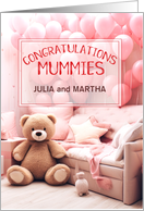 Custom Two Mums Congratulations Pink Balloons and Bear card