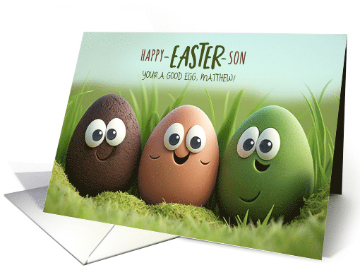 for Son Funny Easter Eggs with Funny Faces Custom Name card (1421900)