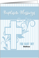 Baby Baptism in Blue for Boys Blue Stripes and Cross Custom Name card