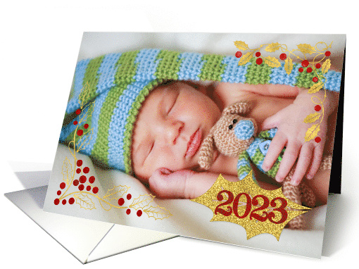 2023 Gold and Red Holly Leaves and Berries with Custom Photo card