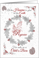 Rejoice for Unto us a Child is Born Silver and Red Religious card