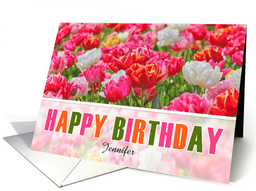 Birthday Pink Tulips in a Spring Garden with Custom Name card