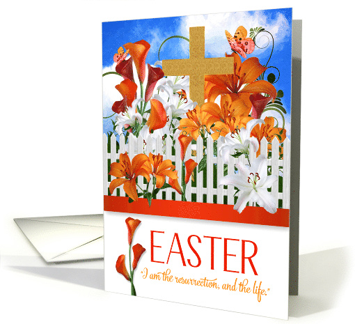 Easter Lily Garden with Gold Cross and John 11 Scripture card