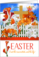 Easter Lily Garden with Gold Cross and John 11 Scripture card