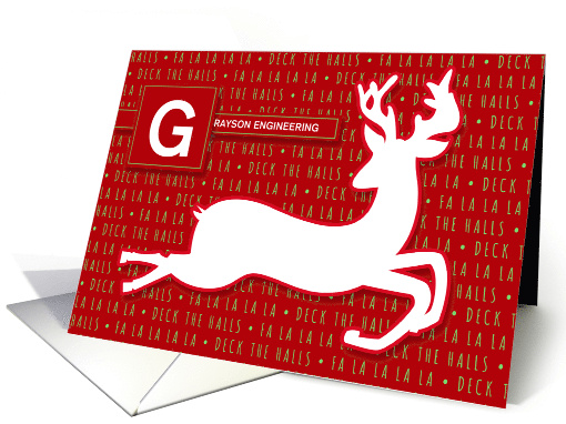 Monogrammed Business Holiday with White Reindeer Deck the Halls card