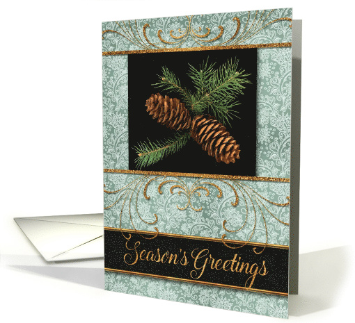 Vintage Pine Cone Watercolor Season's Greetings Green and Gold card
