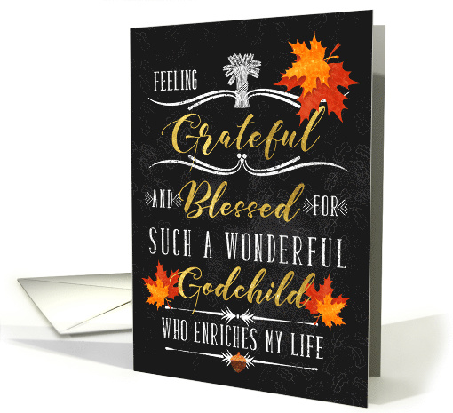 for Godchild Thanksgiving Blessings Chalkboard and Autumn Leaves card