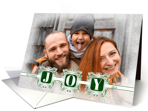 Green and White JOY Elegant Holiday with Family Photo card (1499130)
