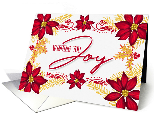 JOY Red Poinsettias and Gold Pine Branches Holiday card (1499508)