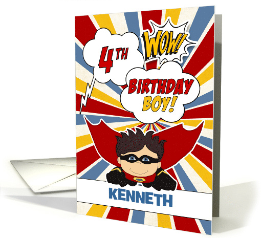 4th Birthday for Boys Super Kid Comic Book Theme Custom Name card