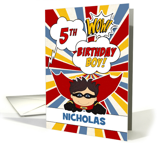 5th Birthday for Boys Super Kid Comic Book Theme Custom Name card