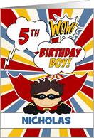 5th Birthday for Boys Super Kid Comic Book Theme Custom Name card