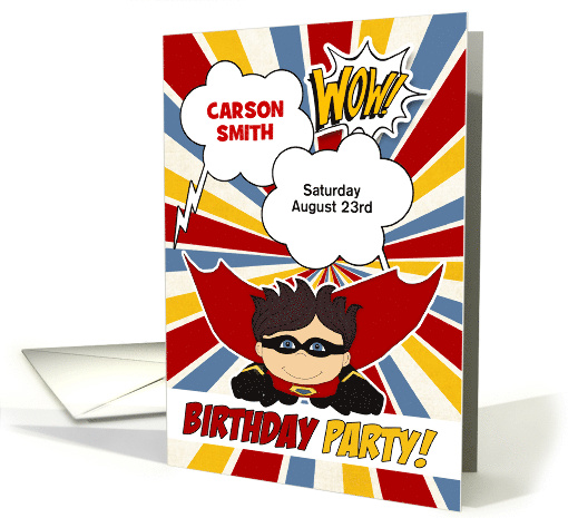 Birthday Party for Boys Super Kid Red Comic Book Theme Custom card