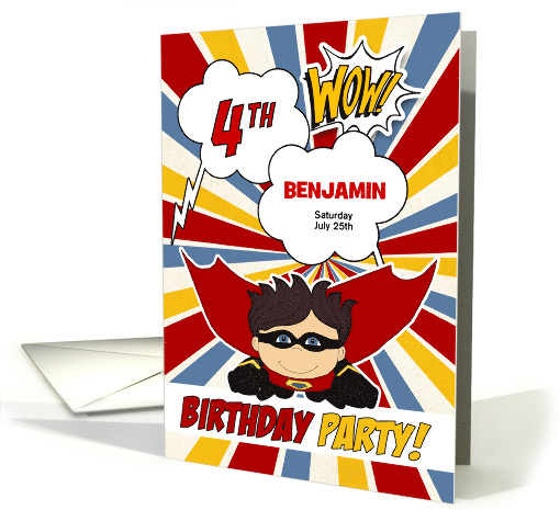 4th Birthday Party Boys Superhero Red Comic Book Theme Custom card