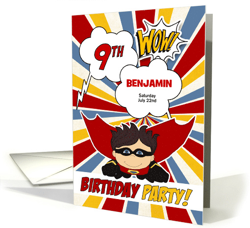 9th Birthday Party Boys Superhero Red Comic Book Theme Custom card