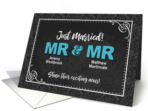 Just Married Announcement Mr and Mr Black Damask Custom Names card