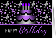 for Her Birthday Cake in Purple and Silver Faux Glitter Look card