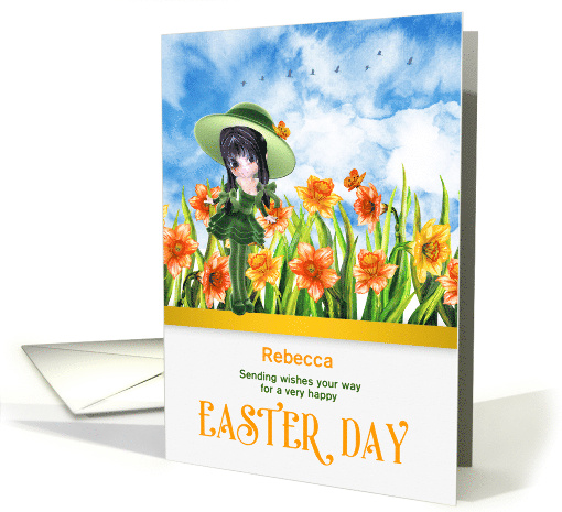 for Girls at Easter Daffodils with Girl in Green Child's Name card