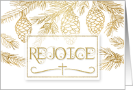 Rejoice Christian Christmas Typography with Gold Pine Branches card
