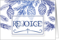 Rejoice Christian Christmas Typography with Blue Pine Branches card