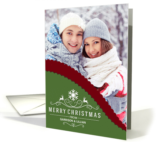 Merry Christmas Sage Green and Maroon Custom Photo and Name card