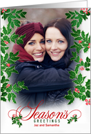 Season’s Greetings Holly and Berries Vertical Family Photo card