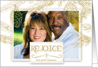Gold Pines Christmas Photo with Rejoice and Christian Cross card