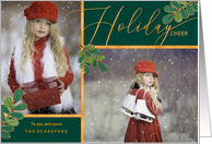 Holiday Cheer Green and Gold Holly Family 2 Photos card
