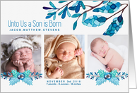 Unto Us a Son is Born Birth Announcement Botanical Blue 3 Photo card