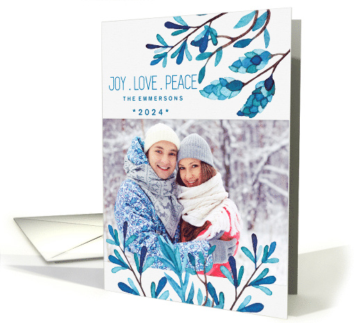 Joy Love Peace Botanical Winter Blues Photo Custom Christmas card