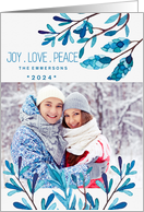Joy Love Peace Botanical Winter Blues Photo Custom Christmas card