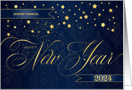 2024 New Year Navy Blue and Faux Gold Leaf with Stars Custom card