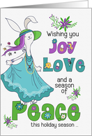 Retro Hippie Joy Love and Peace Dancing Bunny for the Holidays card