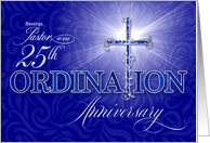 for Pastor 25th Ordination Anniversary Blue and Silver Cross card