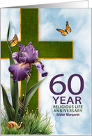 for Nun 60th Religious Life Anniversary Purple Iris and Cross Custom card