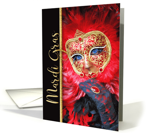 Mardi Gras Carnival Mask with Red Feathers and Faux Gold Leaf card