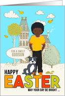 for Young Godson on Easter African American Boy with Dog card