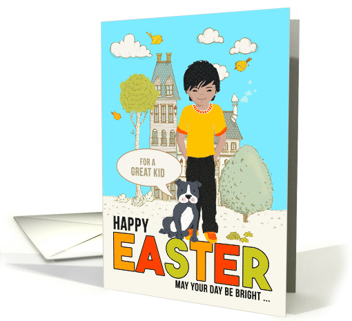 for Young Boy on Easter Asian American Child with Dog card (1561398)