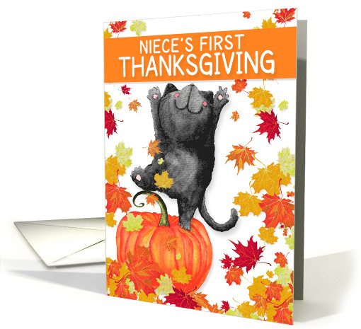 for Niece's 1st Thanksgiving Dancing Black Cat and Pumpkin card
