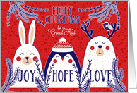 for a Great Kid Christmas Woodland Creatures Red Blue White card