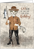 Fishing Themed Funny Birthday with Cat Fisherman in Hipster Style card