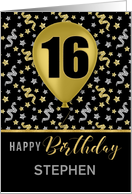 16th Birthday Silver and Gold Confetti and Balloon Custom Name card
