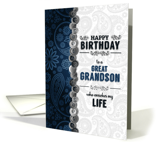 for Great Grandson's Birthday Blue Paisley with Buttons card (1623562)