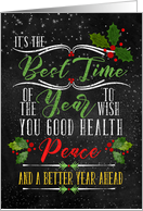 Good Health Peace and Better Year Holiday Chalkboard and Holly card