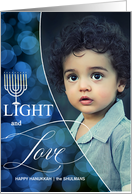 Light and Love Hanukkah Blue Bokeh with Menorah and Photo card