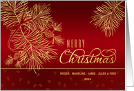 Merry Christmas Red and Golden Pines with Name Horizontal card