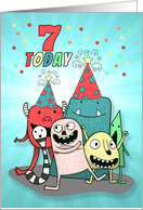 7th Birthday Blue and Red Cartoon Monsters for Boys card