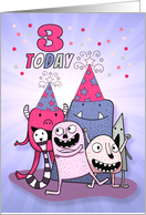 3rd Birthday Pink and Purple Cartoon Monsters for Girls card