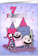 7th Birthday Pink and Purple Cartoon Monsters for Girls card