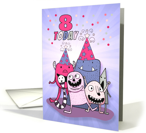 8th Birthday Pink and Purple Cartoon Monsters for Girls card (1672320)